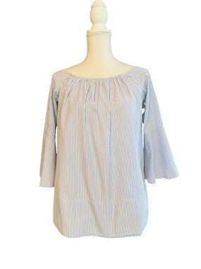 Uterque Blue and White Striped Bell Sleeve Blouse Size Small